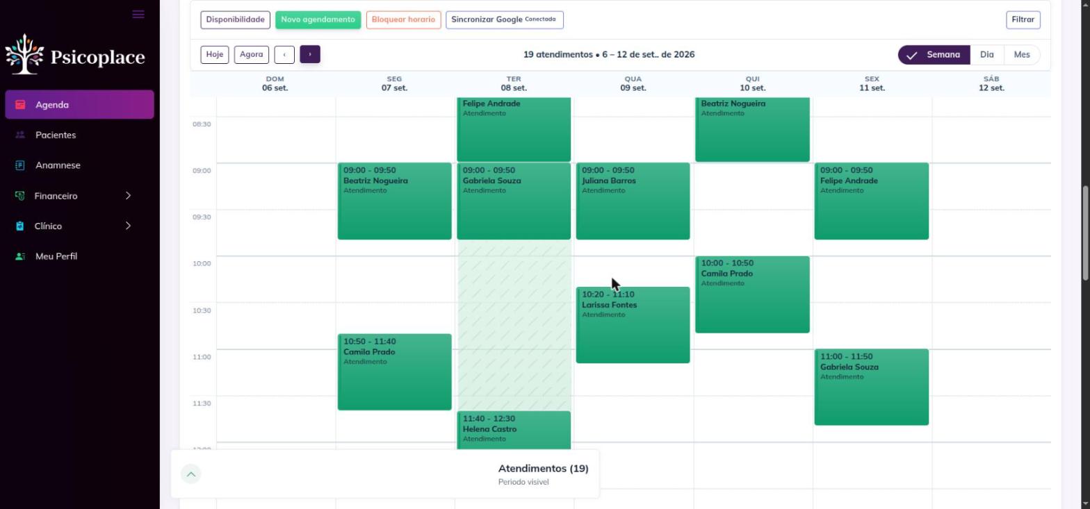 Agenda semanal do Psicoplace com os atendimentos distribuídos de segunda a sexta